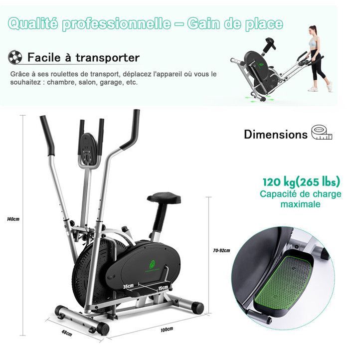 Bicicleta elíptica 2 en 1 para uso doméstico. Resistencia de 180°, peso máximo 120 kg. Pantalla LCD, tamaño compacto ideal para familias y apartamentos, color plata.