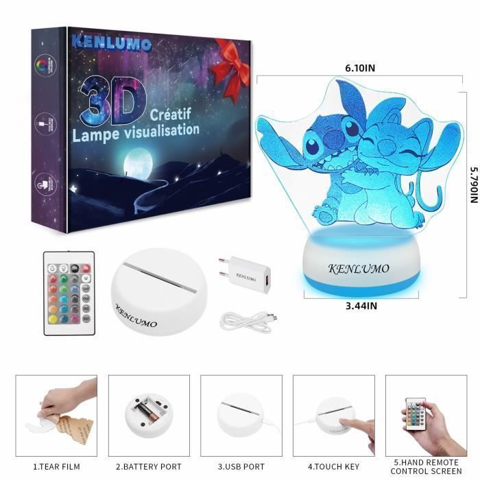 KENLUMO Noël Cadeau Fille Veilleuse Enfant Stitch Lampe de chevet LED télécommande Lampe de nuit Touchez pour changer de couleur