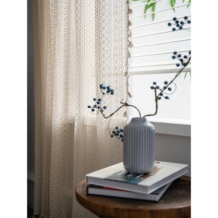 Rideaux bohèmes pour salon, panneaux de rideaux en dentelle vintage à crochets et pompons, 150 x 220 cm, beige