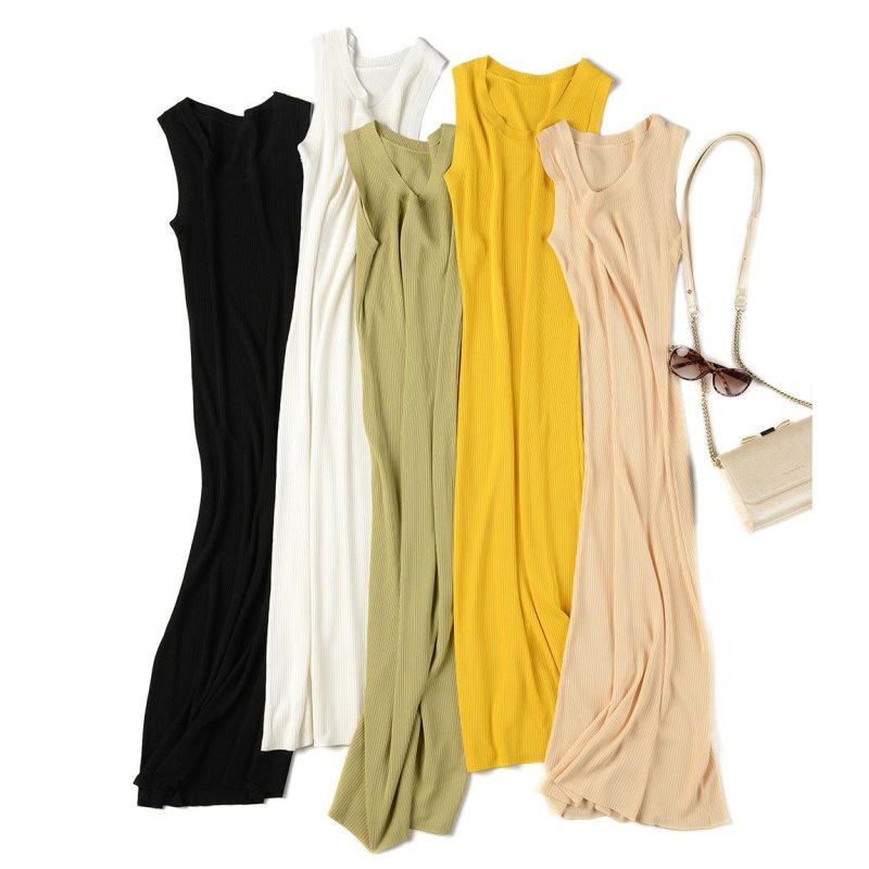 Robe pull sans manches printemps-été pour femme, robe longue droite maxi en maille à col rond, robe midi pull en maille plate