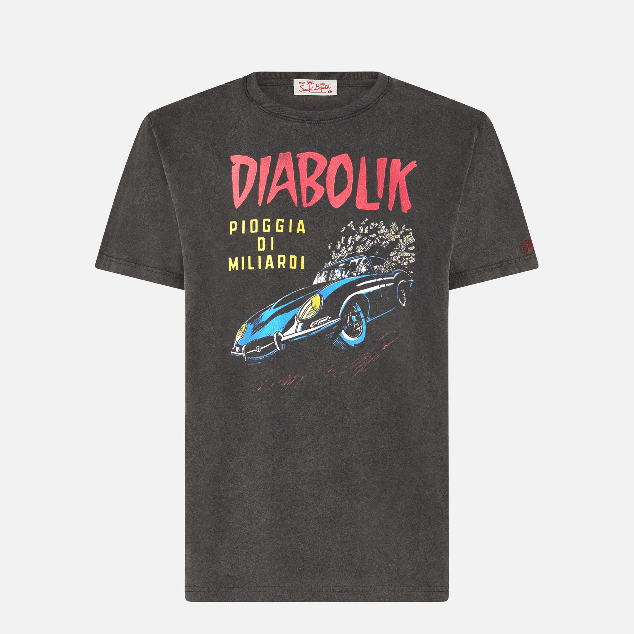 T-shirt da uomo in cotone trattamento vintage con auto Diabolik e sold