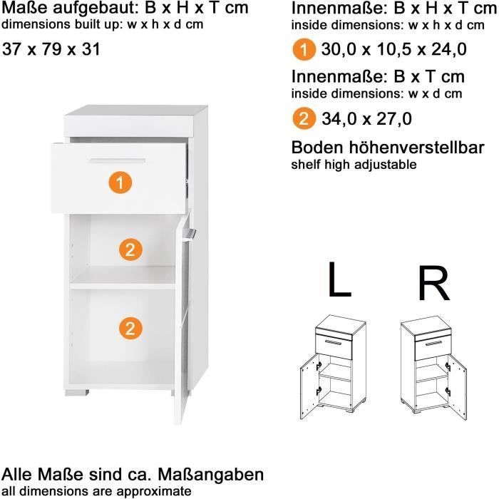 Mueble de baño bajo - 1 puerta y 1 cajón - Blanco - Ancho 37 x Profundidad 31 x Alto 79 cm - AMANDA