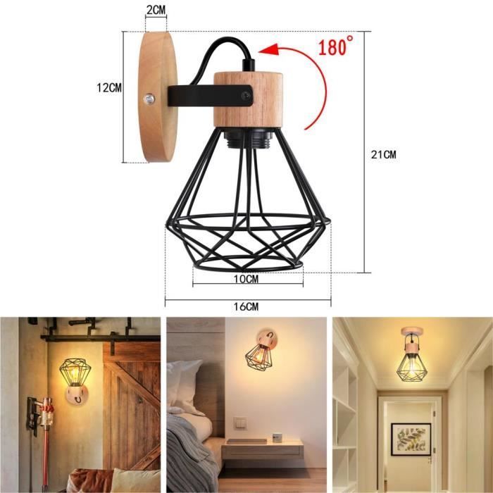 IDEGU 2 stuks industriële wandlampen, 16 cm vintage binnenwandlamp van hout en ijzer, retro, verstelbaar, E27, zwarte wandverlichting