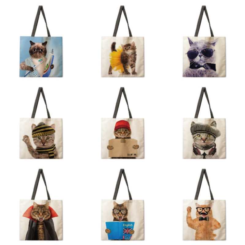 Borsa tote con stampa di gatto divertente, borsa a tracolla, borsa a tracolla casual in tessuto di lino, borsa per la spesa pieghevole e riutilizzabile, borsa da spiaggia