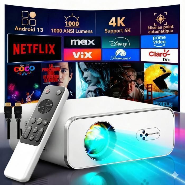 Proyector certificado por Netflix, 40000 lúmenes, compatible con 4K, Android 13, enfoque automático/corrección trapezoidal 6D, WiFi 6/RJ45, audio de 2x8W, Bluetooth 5.2