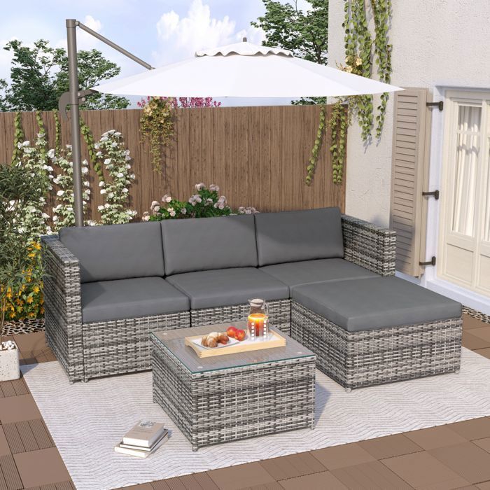 Salon de Jardin Exterieur en Rotin, Table de Jardin Exterieur avec Chaise, Canapé de Salon d'angle 4 Places, Gris