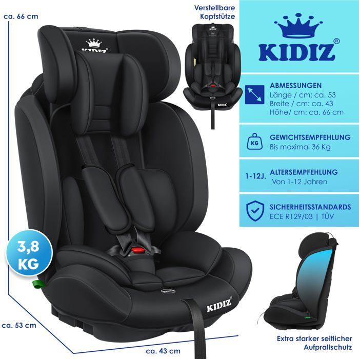 Seggiolino auto KIDIZ® per bambini e neonati da 9 a 36 kg, gruppo 1+2+3, cintura di sicurezza a 5 punti, poggiatesta regolabile e convertibile, nero.