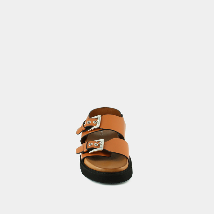 Sandales à doubles boucles  en cuir glacé cognac