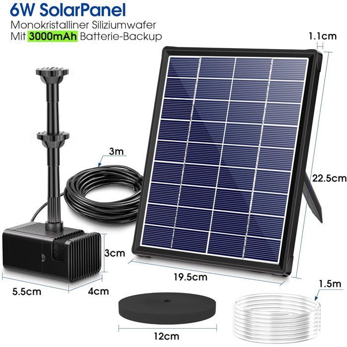 Fuente solar con bomba para estanque - 6W y batería de 3000mAh - para uso exterior