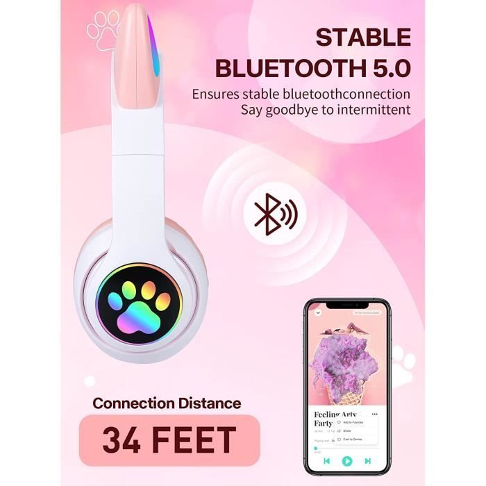 Auriculares para niñas con diseño de orejas de gato, luz LED, plegables, con Bluetooth, micrófono, ranura para tarjeta micro SD/TF, para A818
