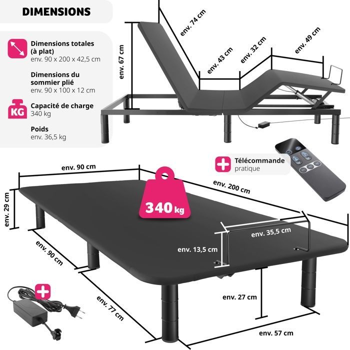 Estructura de cama - TECTAKE - EASY FLEX Base de cama eléctrica de confort con respaldo y piecero ajustables, capacidad de peso máximo de 340 kg - 90 x 200 x 42,5 cm