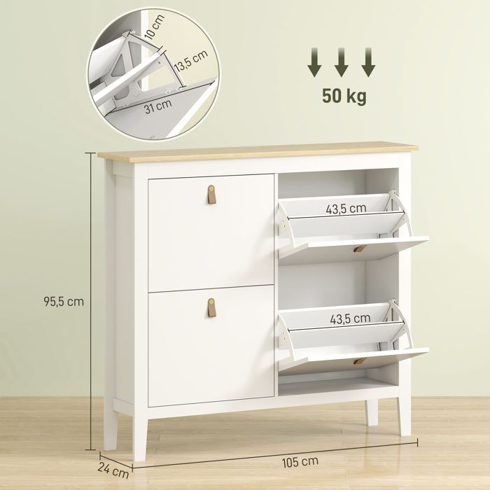 Schuhschrank – HOMCOM – 20 Paar – 4 Schubladen, Klapptüren, herausnehmbare und verstellbare Einlegeböden – 105 x 24 x 95,5 cm – weiß