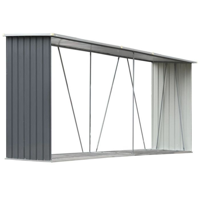 Leñera - vidaXL - 330x84x152 cm - Acero galvanizado - Gris - Techo tradicional