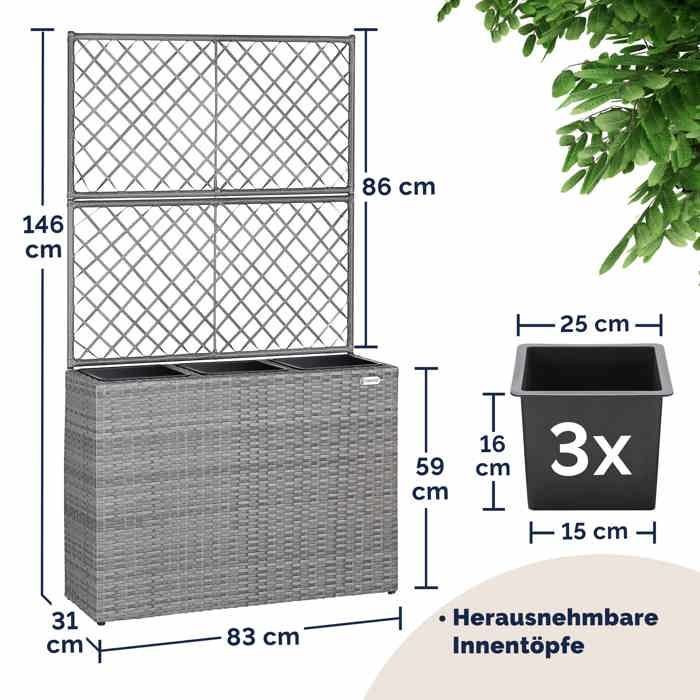 Vaso de rattan sintético com treliça cinza, 146 x 83 x 30,5 cm. Conjunto de 3 vasos para jardim, casa e varanda.