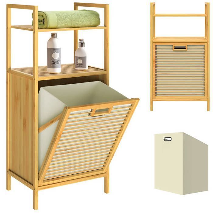 CASARIA® Mobile bagno 2 in 1 con cesto portabiancheria integrato e cestino per rifiuti in bambù removibile da 36 litri, 90 x 40 x 35 cm