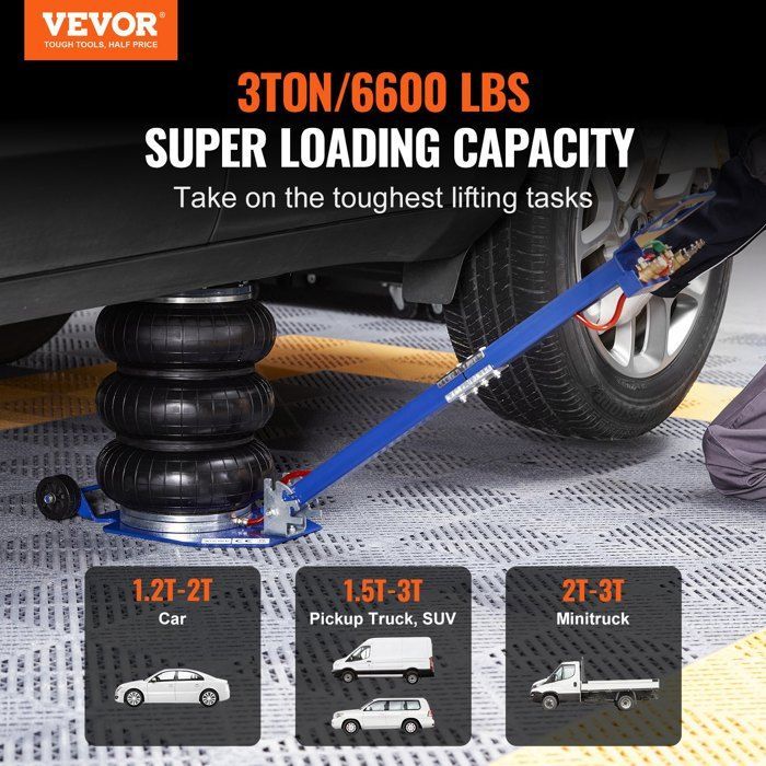 Gato neumático de 3 toneladas - VEVOR - Gato elevador de 3 almohadillas de 14-45 cm para reparación de automóviles - Azul