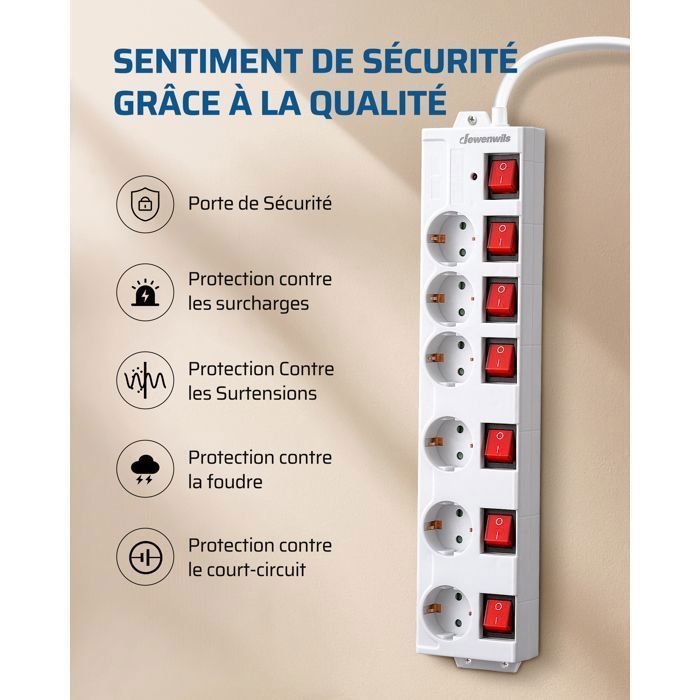 Regleta DEWENWILS de 6 tomas, 16 A + 7 interruptores, 3 m, blanca, 230 V, 3680 W máx.