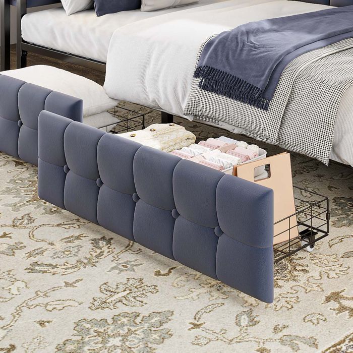 Lit banquette convertible rembourré gris avec LED intégrée, tiroirs et ports USB/Type-C