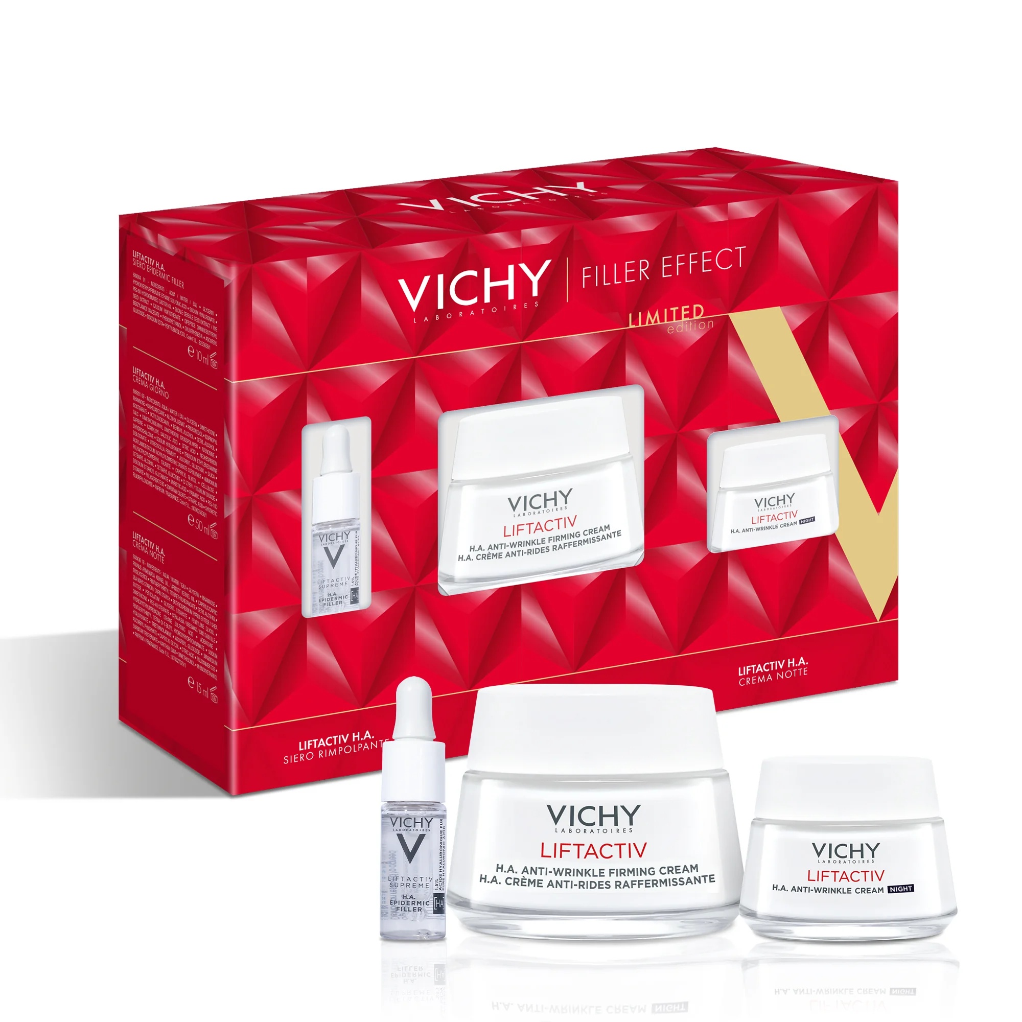 Kit de presente VICHY Liftactiv HA: Creme de dia 50 ml + Sérum preenchedor epidérmico HA 10 ml + Creme de noite Liftactive Supreme 15 ml com efeito preenchedor