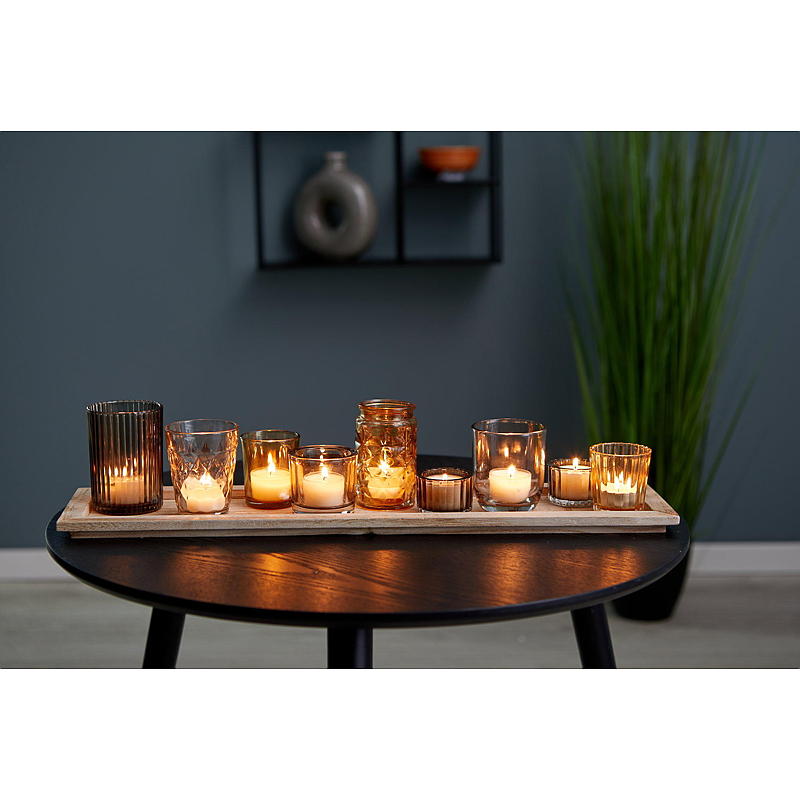 Theelichthouders voor thuisgebruik, 9 stuks, met houten schaaltje 56x10,5 cm