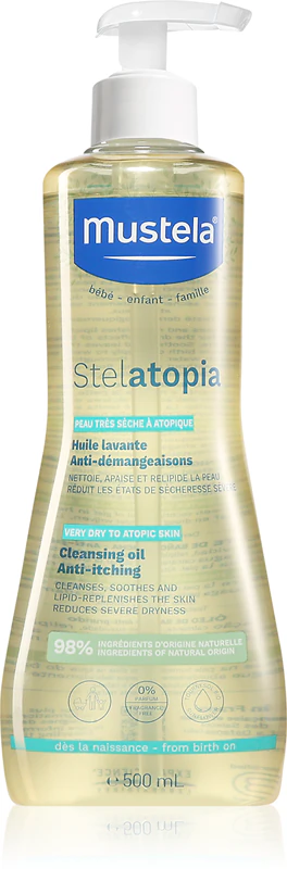 Óleo de banho e corpo Mustela Bébé Stelatopia para bebês com pele atópica.