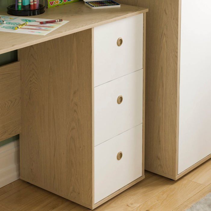 Bureau 3 tiroirs Neptune Blanc & Chêne Table d’ordinateur / Coiffeuse PC/Portable Bureau d’étude à domicile Meuble pour enfants