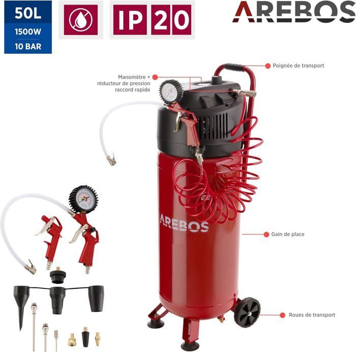 AREBOS Compresseur d'air | avec kit d'accessoires 13 pièces | mobil | Sans huile | Arrêt automatique | Capacité 50 l
