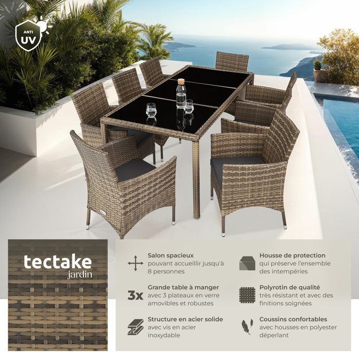Salon de jardin - TECTAKE - Ensemble détente repas d'extérieur ALMANSA 8 personnes résistant intempéries - Naturel/Gris Foncé
