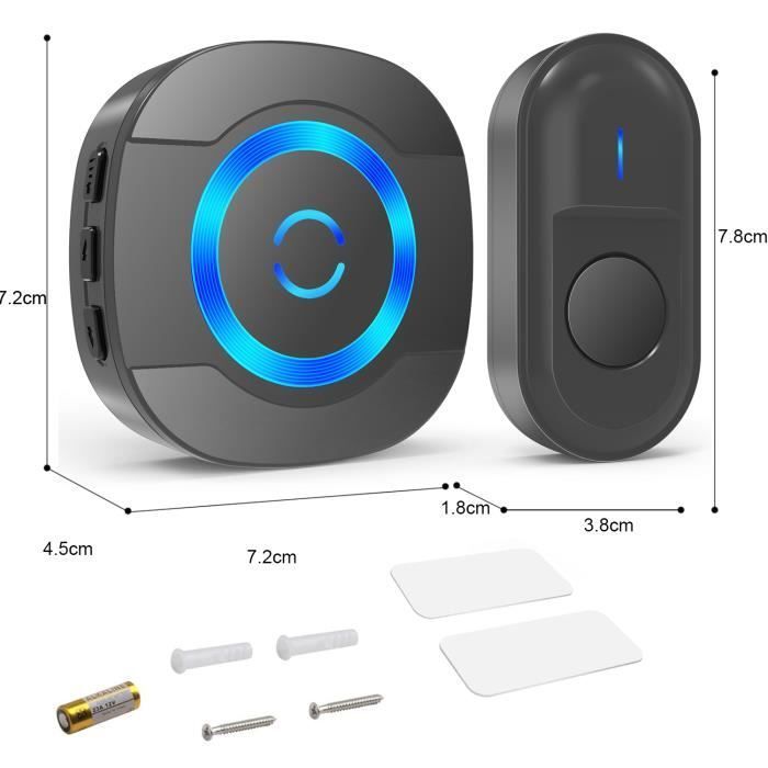 Sonnette de Porte sans Fil 300M IP55 Étanche Carillon Electronique avec Récepteur Enfichable pour la Maison 55 Mélodies LED Noir