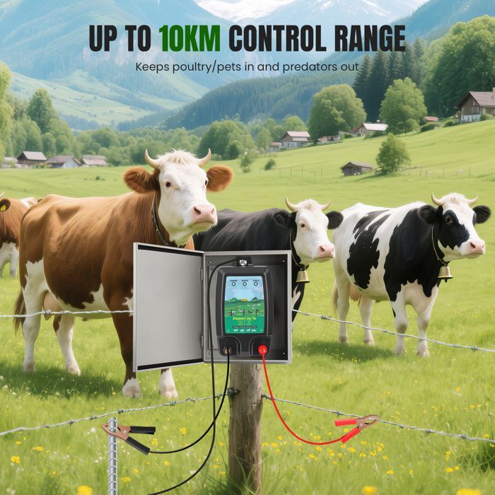 10KM Electric Fence Power Energizer for Animals, 1.5 to 2J Garden Fence Kit - IP45 Waterproof