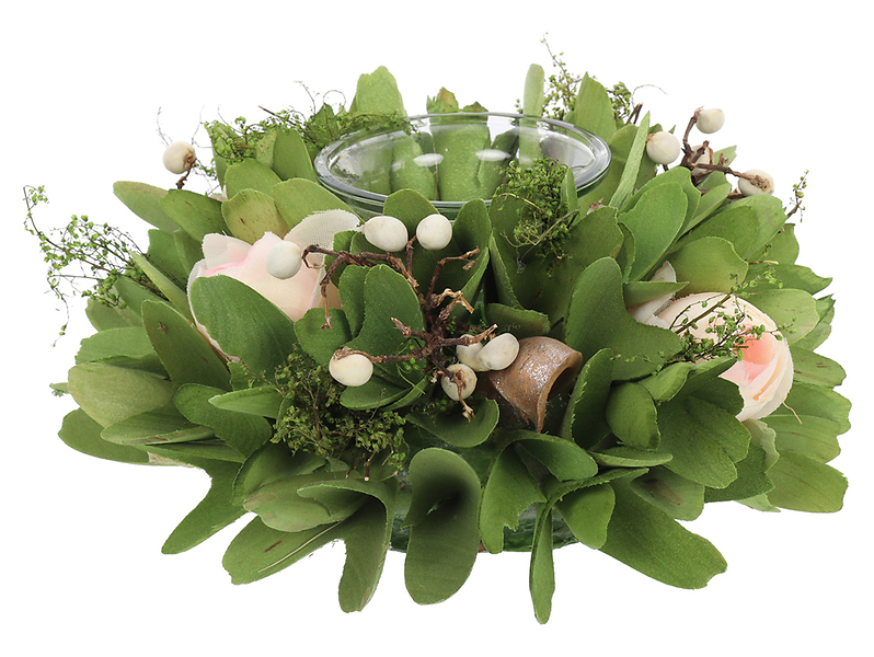 Wianek wiosenny ze szklanym świecznikiem na tealight 15 cm