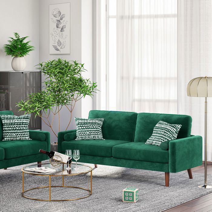 Canapé 3 Places en Velours Confortable,Canapé Scandinave avec 2 coussins pour salon,Fauteuil Moderne 78×176×85cm,Vert