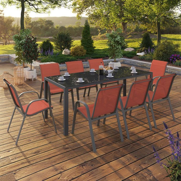 Conjunto de muebles de jardín IDMARKET MADRID: mesa de 190 cm y 8 sillas apilables de terracota.