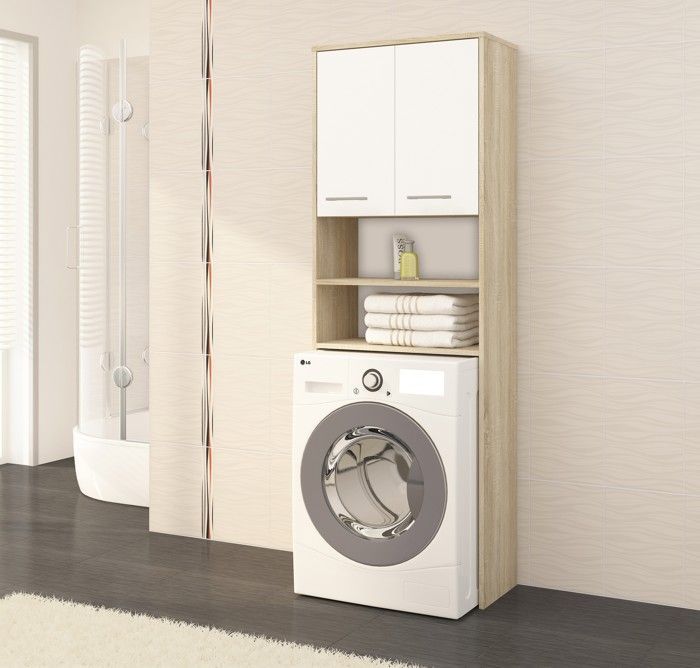 Mueble para lavadora 64x30x180cm - Muebles de baño - Mueble de lavandería con 2 puertas y 4 estantes - Sonoma+Blanco