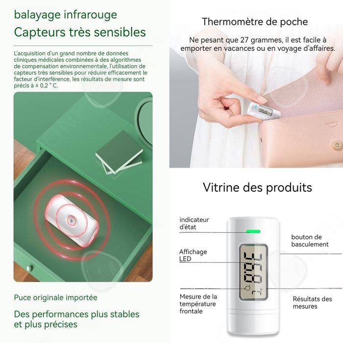 Non-contact infrared forehead thermometer, compact and portable digital thermometer with dual scale and three-color LED lights