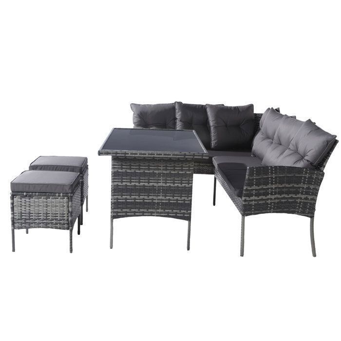 Salon de jardin 7 places en rotin PE - 2 canapés, 2 tabourets et 1 table basse - structure en acier - Gris