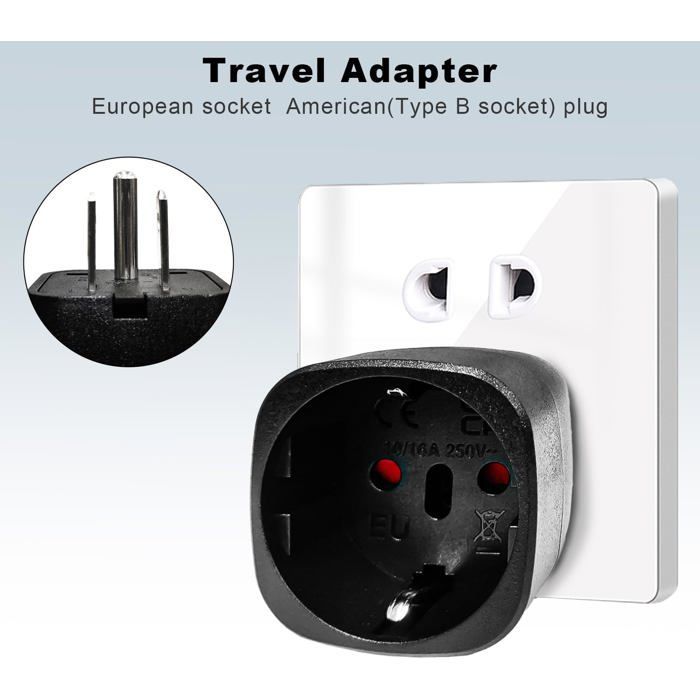 Adaptador de enchufe estadounidense de 2 piezas, accesorios de viaje, de 2 pines franceses a 3 pines estadounidenses (Canadá, México, Tailandia), tipo B (blanco).