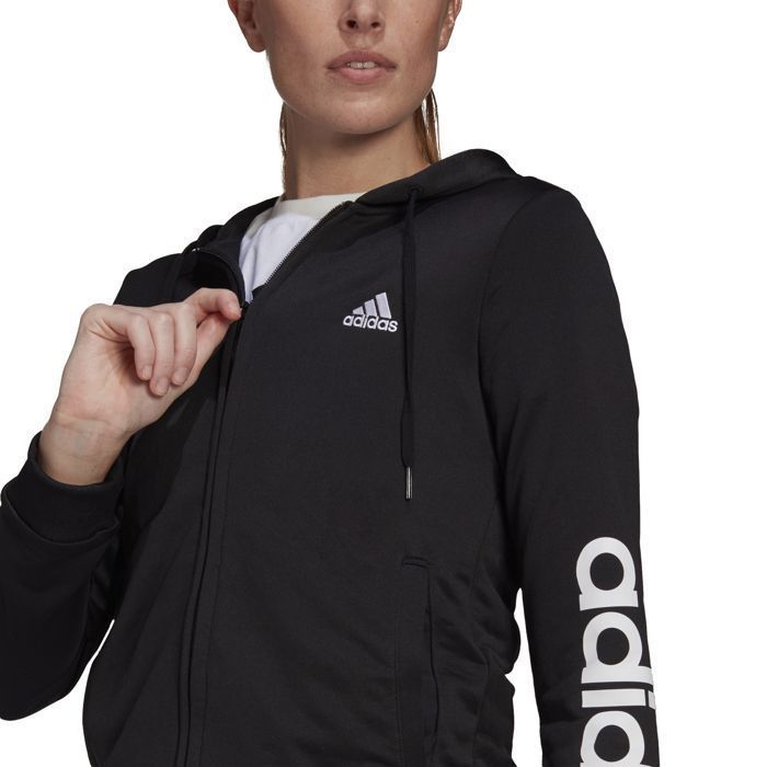 Chándal Adidas Essentials para mujer con logo, tejido French Terry, negro, manga larga, para fitness.