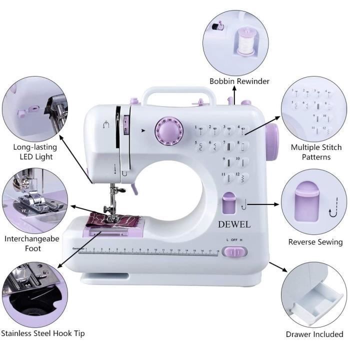 Máquina de coser eléctrica mini JASENX con 12 puntadas - Costura automática con luz y cajón oculto