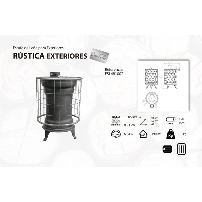 Estufa rústica de leña para exteriores – Hierro fundido, 13,05 kW, Ø120 mm, calienta 190 m³