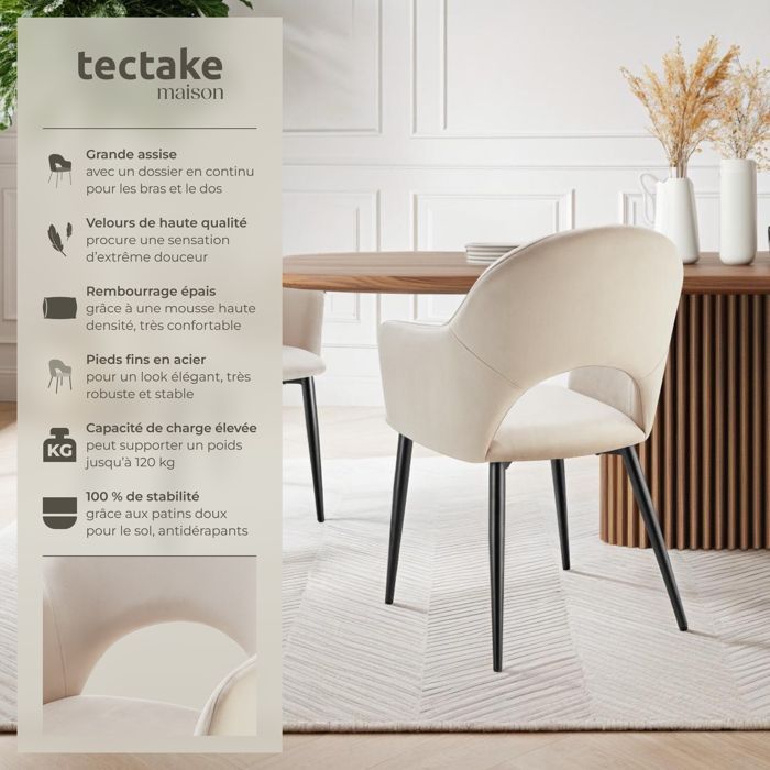 Chaises - TECTAKE - Lot 6 Fauteuils SACHEL aspect velours rembourré charge maximale 120 kg avec pieds en acier - Crème