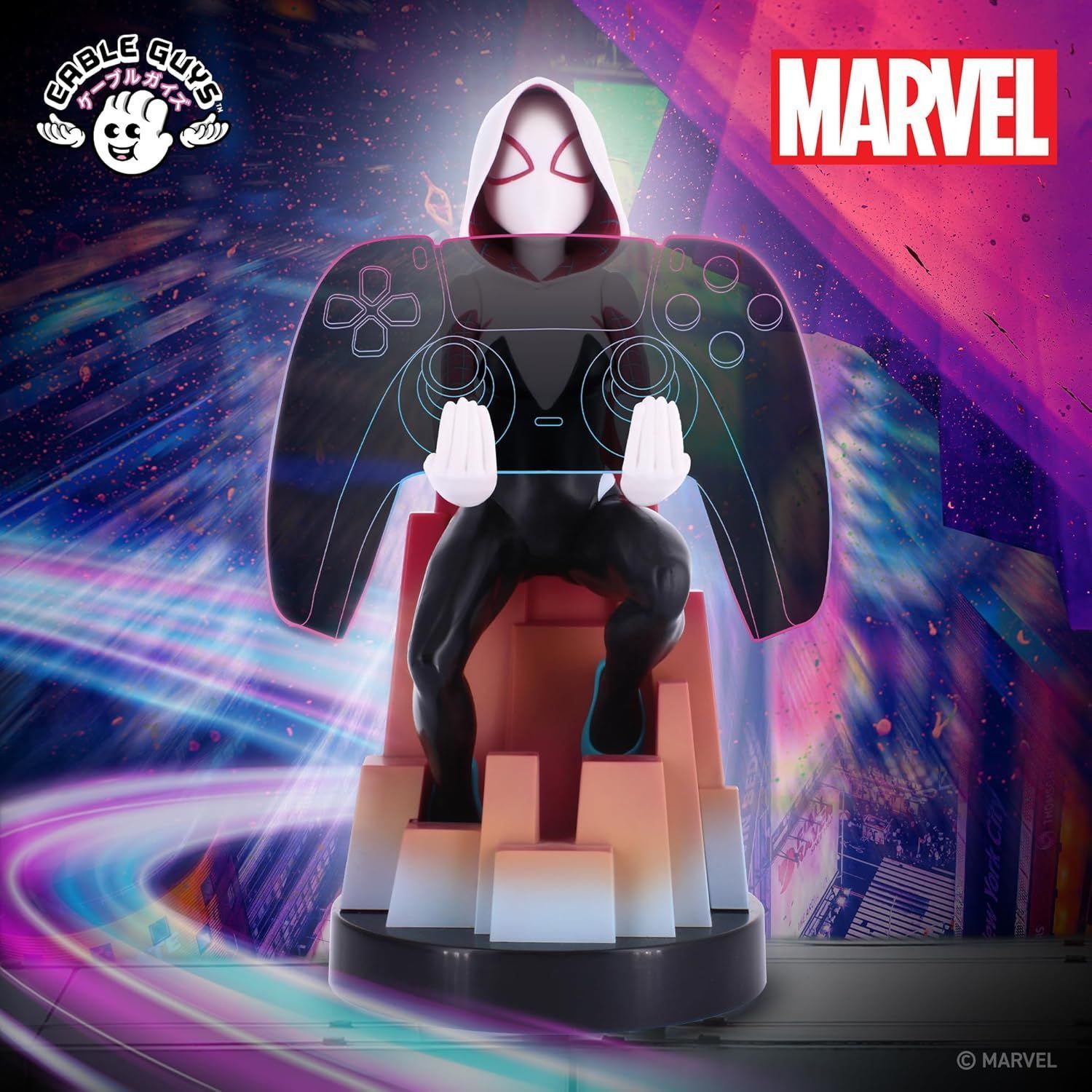 Figura de Spider-Gwen de Marvel Comics - EXQUISITE GAMING - Cable Guys - Soporte para auriculares, smartphone o accesorios pequeños - 20 cm