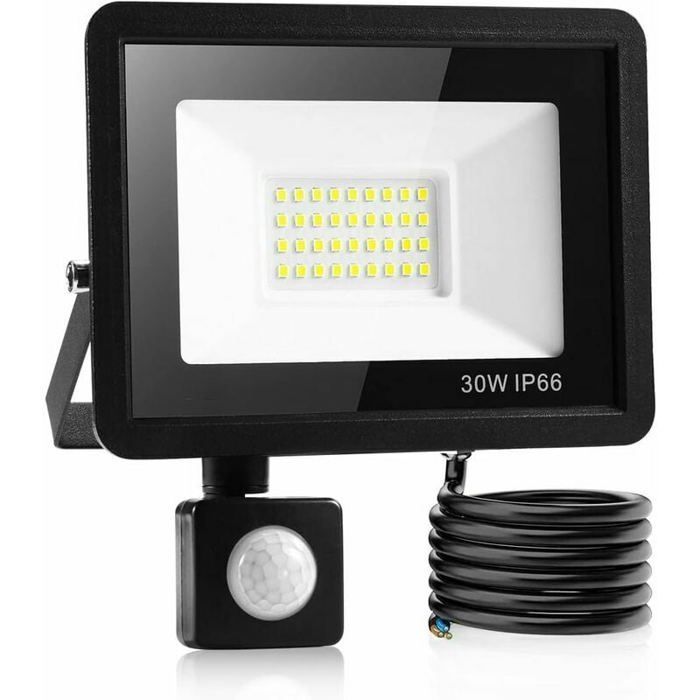 Foco LED exterior de 30 W con sensor de movimiento, luminaria exterior impermeable IP66 con sensor de movimiento, luz blanca fría.
