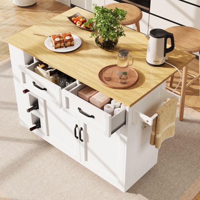 Carrinho de Cozinha - TKOPY - Ilha de cozinha extensível com rodízios e suporte para garrafas - 131,5 x 43-73 x 90,7 cm - Branco