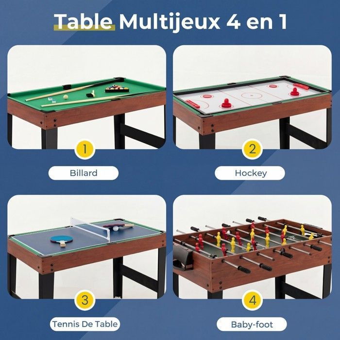 Mesa multijuegos 4 en 1 COSTWAY - Futbolín, ping pong, billar, hockey de aire para niños - 125x97x83 cm - Madera - Accesorios completos - Para mayores de 3 años - Marrón