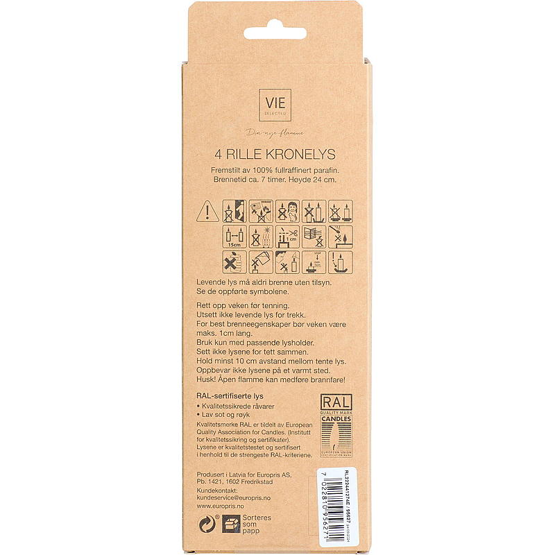 Vie Selected ljus, 4-pack, 24 cm, räfflad, paraffingrön