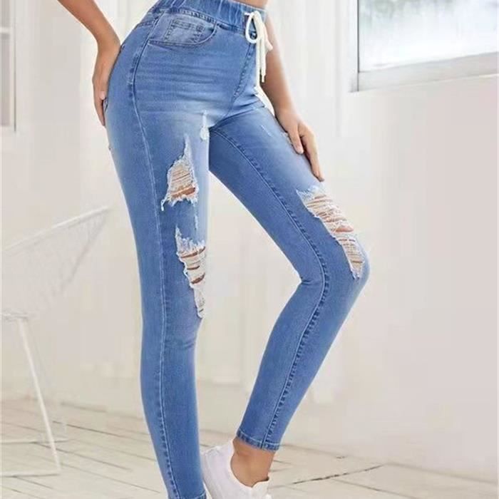 Pantalones vaqueros de mujer - FUNMOON - Cintura elástica con cordones y rotos - Azul - Corte ajustado - Cintura alta