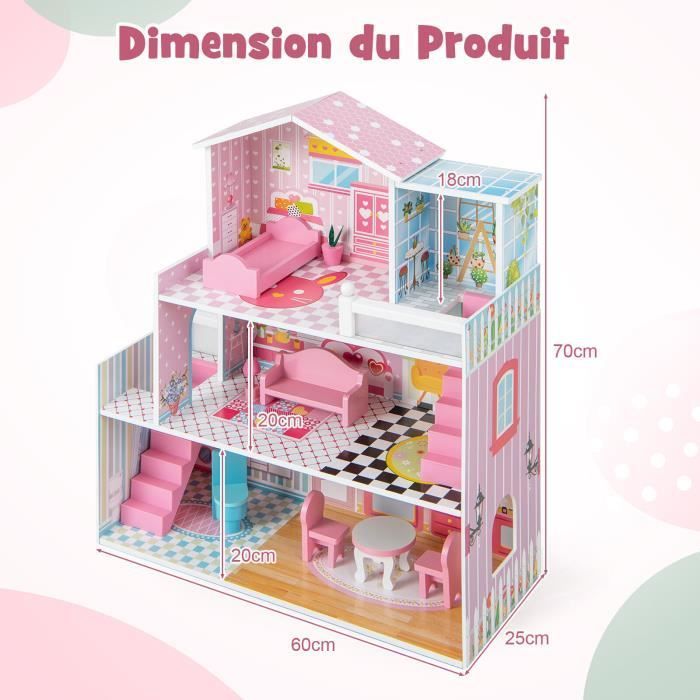 COSTWAY Wooden Dollhouse with 11 Accessories, 3 Floors, 60 x 25 x 70 cm, Gifts for Children Ages 3+, Pink