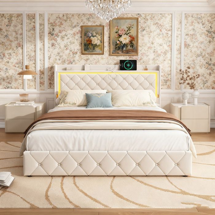 Estructura de cama, WXL, 140x190 cm, con 4 cajones, tela de terciopelo, estructura de cama 140x190 cm, Beige