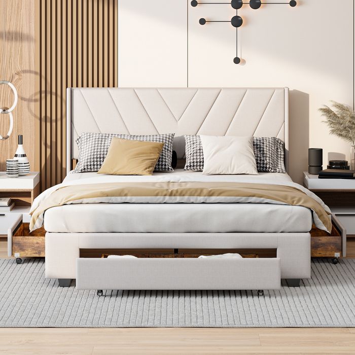 Adult bed 160 x 200 cm with slatted base, upholstered bed with 3 drawers, linen fabric, beige
